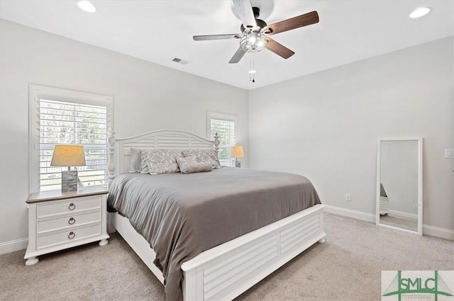 82 Rimmon Ct, Richmond Hill, GA 31324 - carpeted bedroom featuring baseboards, visible vents, ceiling fan, and recessed lighting