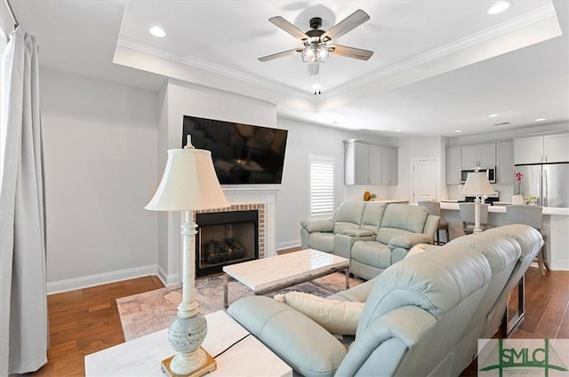 82 Rimmon Ct, Richmond Hill, GA 31324 - living area with a tray ceiling, wood finished floors, ceiling fan, and ornamental molding