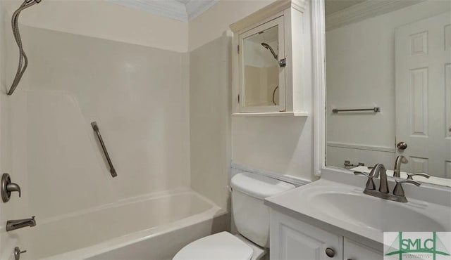 full bath with vanity, toilet, crown molding, and shower / bathtub combination