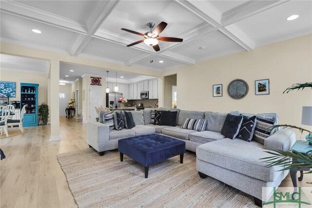 93 Bradford Pear Dr, Richmond Hill, GA 31324 - living room featuring coffered ceiling, beamed ceiling, crown molding, light wood-type flooring, and recessed lighting