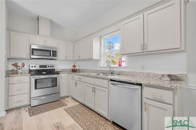 kitchen featuring light wood-style flooring, tasteful backsplash, appliances with stainless steel finishes, white cabinetry, and a sink