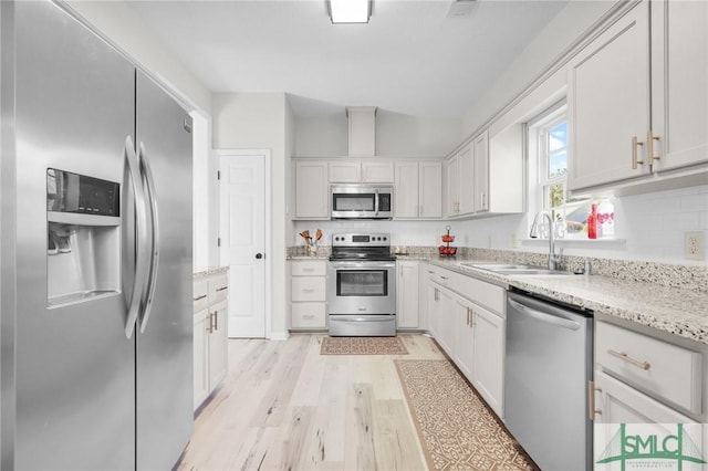 kitchen featuring white cabinetry, a sink, stainless steel appliances, and light wood-style floors