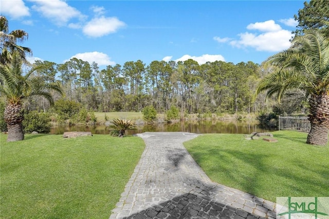 view of yard with a water view