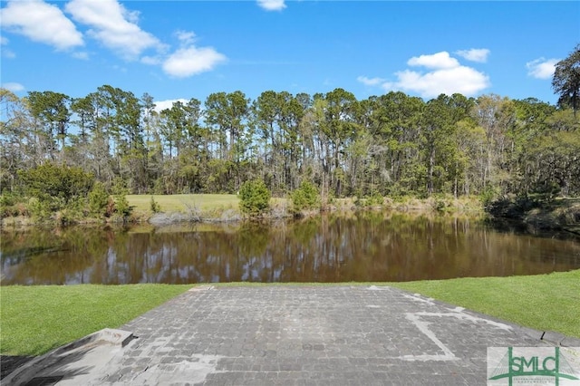 dock area featuring a water view and a yard