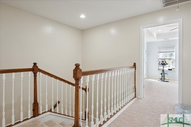 stairs featuring recessed lighting, carpet, and visible vents