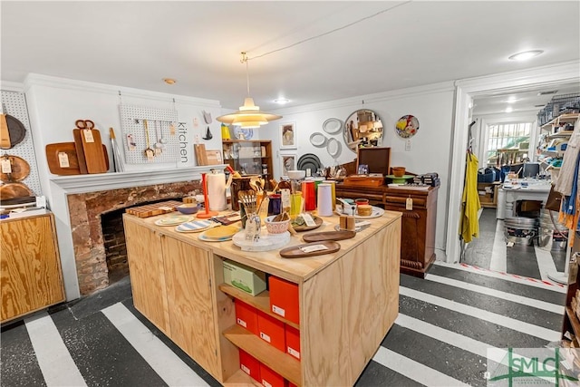 24 W Taylor St, Savannah, GA 31401 - kitchen with open shelves, wood counters, a center island with sink, a fireplace, and ornamental molding