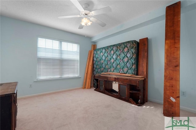 interior space featuring carpet flooring, a ceiling fan, baseboards, and a textured ceiling