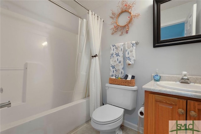 full bath featuring toilet, vanity, and shower / bathtub combination with curtain