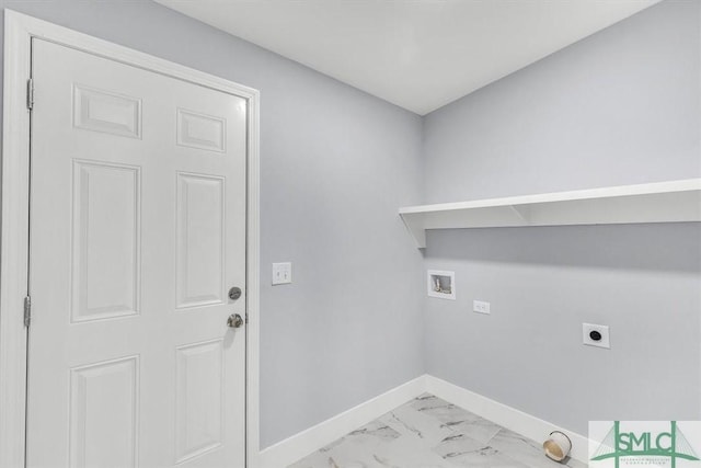 washroom with hookup for an electric dryer, baseboards, marble finish floor, laundry area, and washer hookup