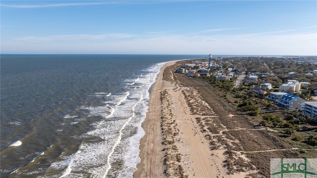 drone / aerial view with a water view and a view of the beach