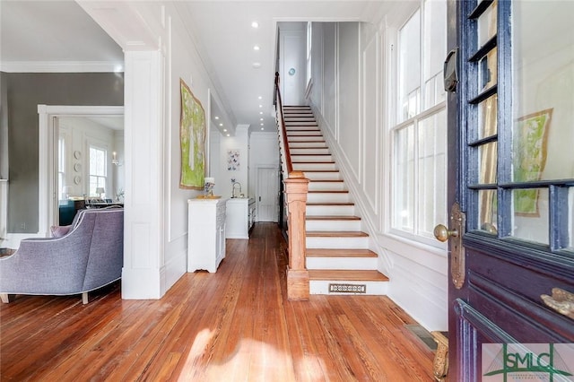909 Howard St, Savannah, GA 31401 - entryway with stairs, ornamental molding, recessed lighting, and hardwood / wood-style flooring