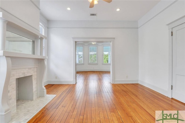 420 E Bolton St, Savannah, GA 31401 - unfurnished living room featuring baseboards, recessed lighting, a ceiling fan, visible vents, and light wood finished floors