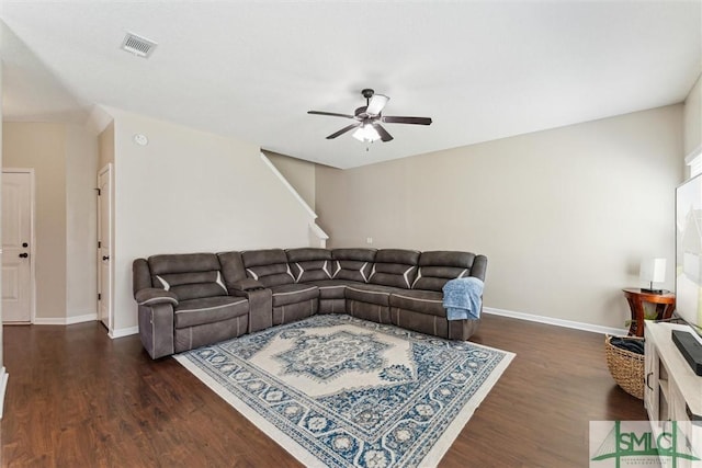 646 Red Oak Ln, Hinesville, GA 31313 - living room with dark wood finished floors, baseboards, ceiling fan, and visible vents