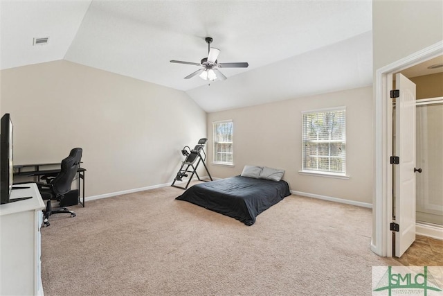 646 Red Oak Ln, Hinesville, GA 31313 - bedroom with light carpet, baseboards, visible vents, and lofted ceiling