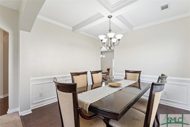 646 Red Oak Ln, Hinesville, GA 31313 - dining area featuring visible vents, wood finished floors, beam ceiling, an inviting chandelier, and coffered ceiling