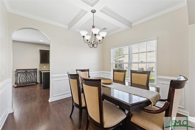 646 Red Oak Ln, Hinesville, GA 31313 - dining space featuring beam ceiling, arched walkways, dark wood-style floors, coffered ceiling, and a notable chandelier