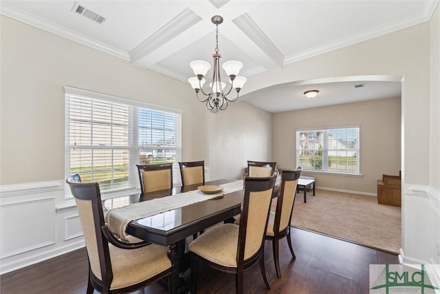 646 Red Oak Ln, Hinesville, GA 31313 - dining room featuring dark wood-style floors, a notable chandelier, beam ceiling, and visible vents