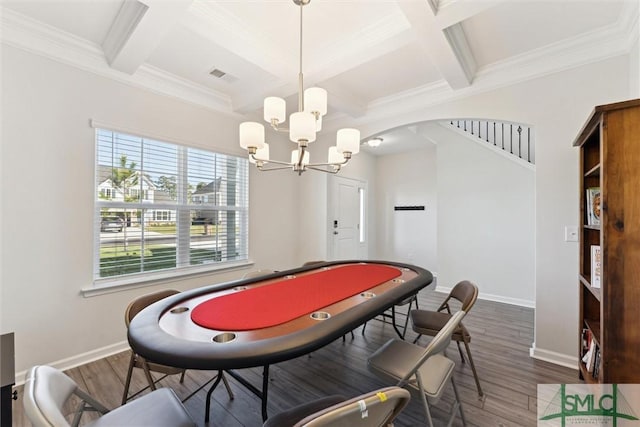 148 Spring Hill Dr, Richmond Hill, GA 31324 - game room with wood finished floors, coffered ceiling, baseboards, and visible vents