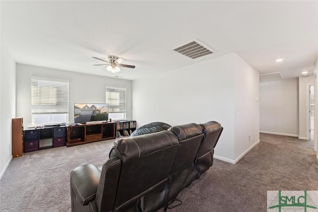148 Spring Hill Dr, Richmond Hill, GA 31324 - living room featuring baseboards, carpet flooring, ceiling fan, and visible vents