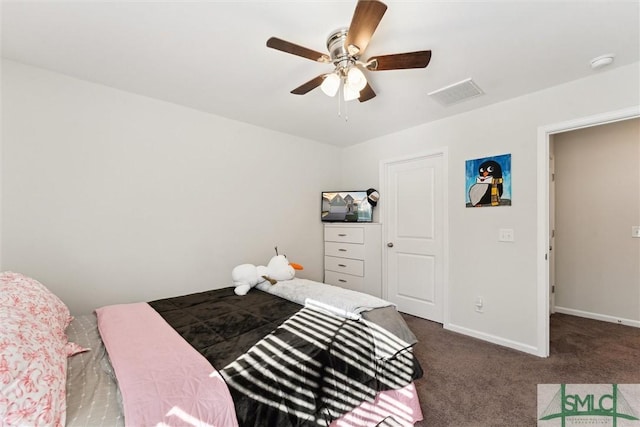 148 Spring Hill Dr, Richmond Hill, GA 31324 - bedroom with carpet, baseboards, ceiling fan, and visible vents