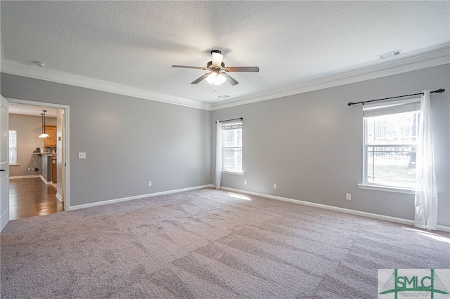 402 Walthour Dr, Rincon, GA 31326 - carpeted spare room with crown molding, ceiling fan, a textured ceiling, and baseboards