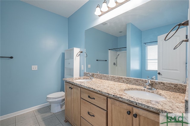 402 Walthour Dr, Rincon, GA 31326 - full bath with toilet, baseboards, tile patterned floors, double vanity, and a shower