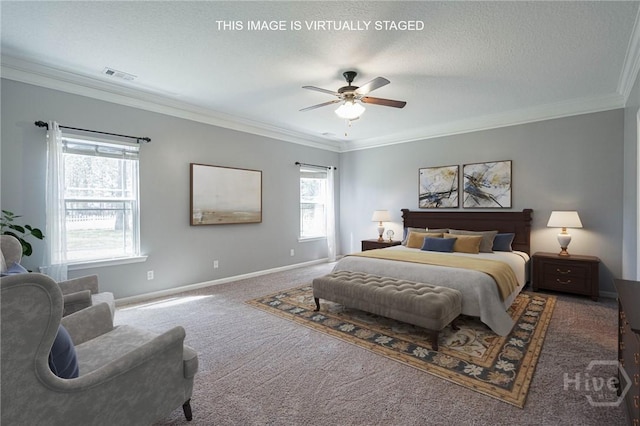 402 Walthour Dr, Rincon, GA 31326 - carpeted bedroom featuring crown molding, baseboards, a textured ceiling, and ceiling fan