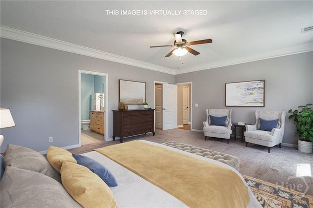 402 Walthour Dr, Rincon, GA 31326 - bedroom with crown molding, light carpet, baseboards, and ensuite bathroom