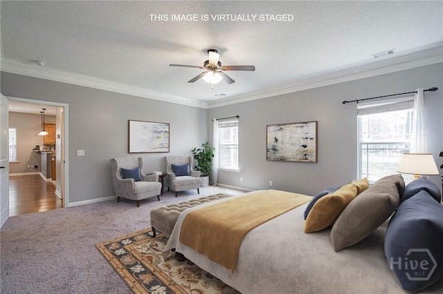 402 Walthour Dr, Rincon, GA 31326 - carpeted bedroom with ornamental molding, baseboards, a textured ceiling, and a ceiling fan