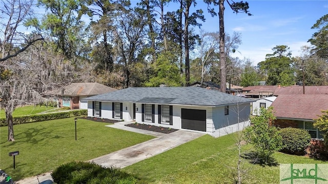 ranch-style house with an attached garage, a front lawn, concrete driveway, and roof with shingles