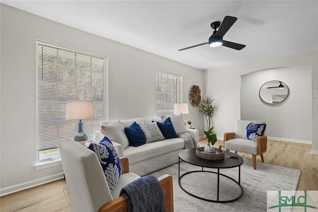 living room featuring light wood finished floors, a wealth of natural light, and baseboards