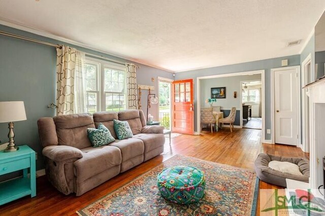 living area with baseboards, visible vents, and wood finished floors