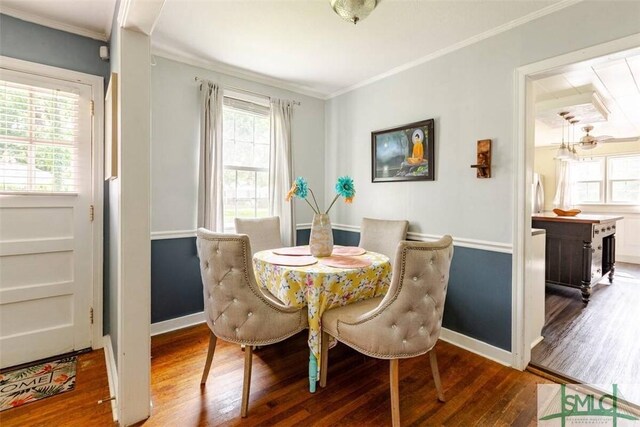 dining room with ornamental molding, wood finished floors, and plenty of natural light