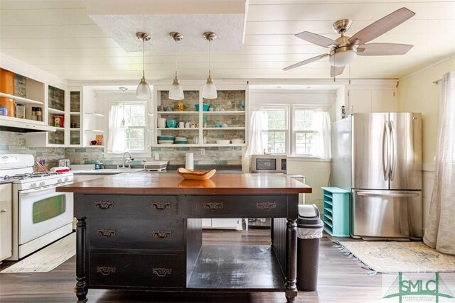 kitchen with decorative backsplash, wood counters, appliances with stainless steel finishes, a sink, and open shelves