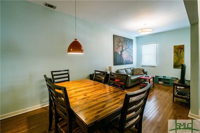 dining area featuring wood-type flooring, baseboards, and visible vents