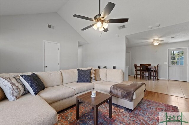 726 Timber Ridge Trl, Hinesville, GA 31313 - tiled living room featuring visible vents, high vaulted ceiling, and a ceiling fan