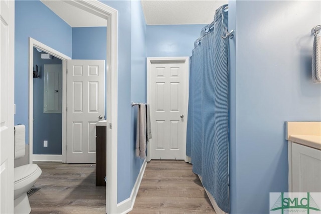 90 Cottage Ct, Richmond Hill, GA 31324 - bathroom featuring baseboards, wood finished floors, toilet, and vanity
