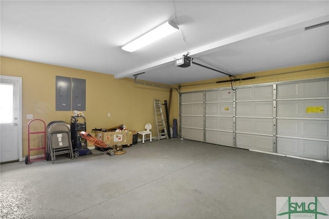 garage featuring electric panel and a garage door opener