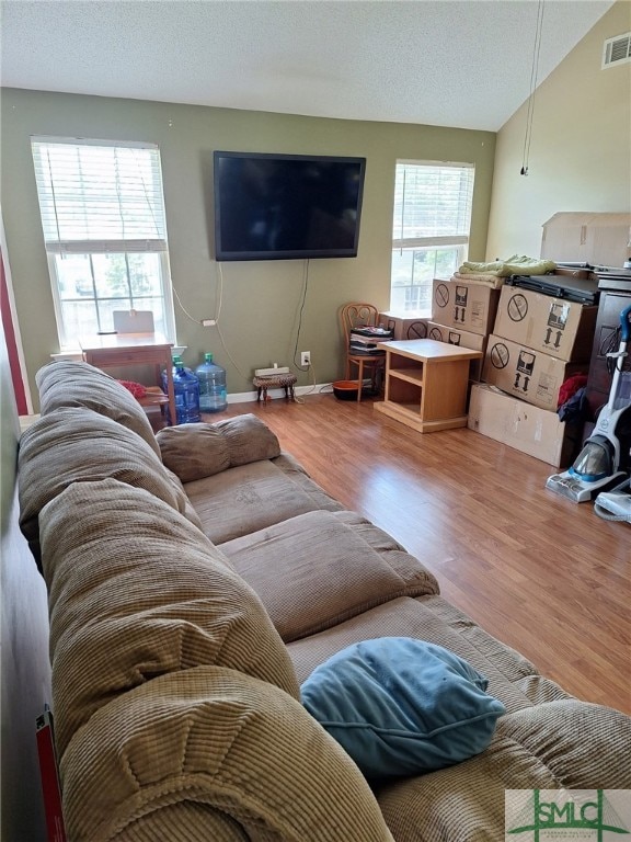 215 Bay Berry Ln, Rincon, GA 31326 - living room featuring baseboards, vaulted ceiling, visible vents, and wood finished floors