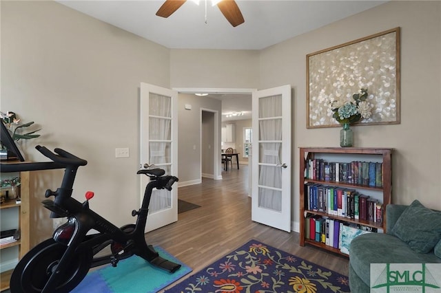 126 Canter Ct, Savannah, GA 31406 - workout room with french doors, wood finished floors, ceiling fan, and baseboards