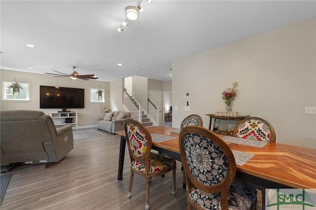 126 Canter Ct, Savannah, GA 31406 - dining area featuring ceiling fan, stairs, wood finished floors, recessed lighting, and baseboards