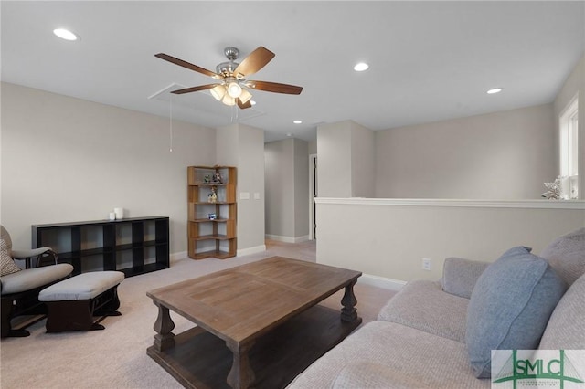 126 Canter Ct, Savannah, GA 31406 - living area featuring attic access, a ceiling fan, light colored carpet, recessed lighting, and baseboards