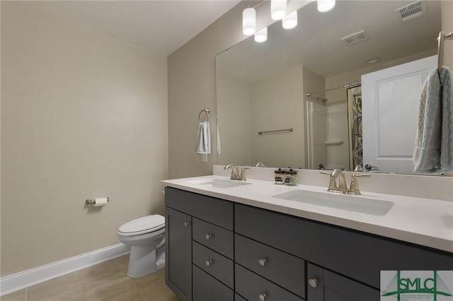 126 Canter Ct, Savannah, GA 31406 - bathroom featuring double vanity, toilet, baseboards, tile patterned floors, and a shower with curtain