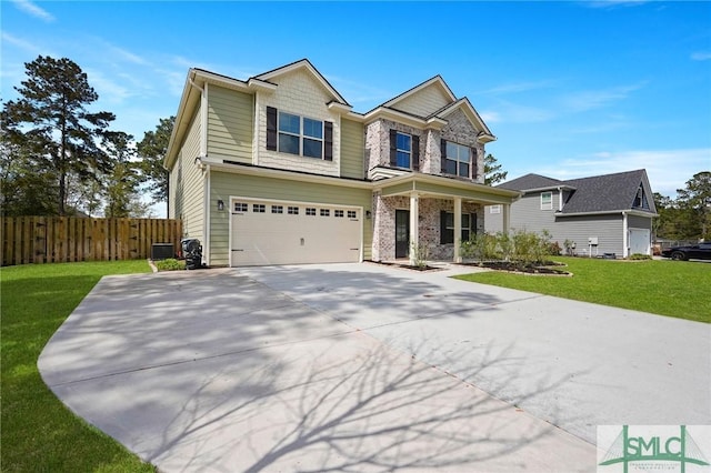 view of front of home with fence, central AC unit, an attached garage, a front lawn, and driveway