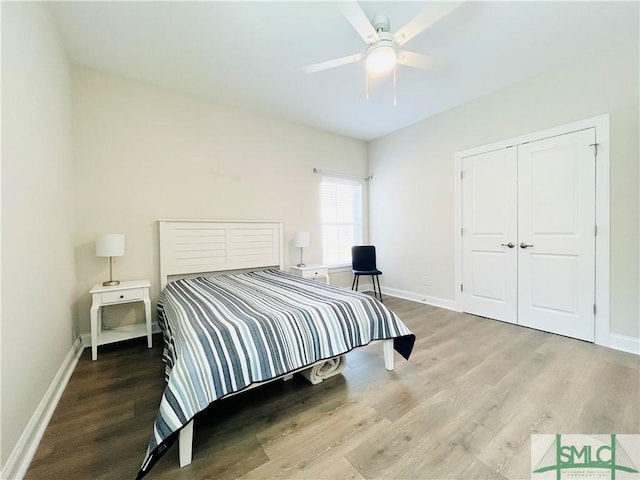 125 Long Creek Ln, Richmond Hill, GA 31324 - bedroom with wood finished floors, baseboards, ceiling fan, and a closet