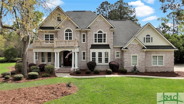 view of front of property featuring brick siding, a balcony, a standing seam roof, and a front lawn