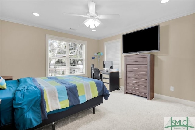 bedroom with light colored carpet, recessed lighting, crown molding, and baseboards