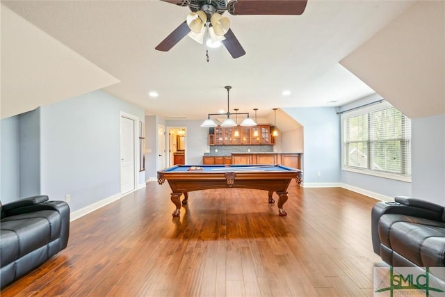 recreation room with baseboards, pool table, and dark wood-style floors