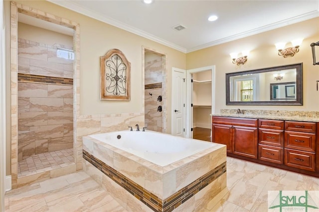 full bathroom featuring tiled shower, a garden tub, marble finish floor, and crown molding