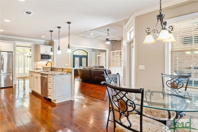 kitchen featuring appliances with stainless steel finishes, dark wood-style flooring, visible vents, ceiling fan, and a sink